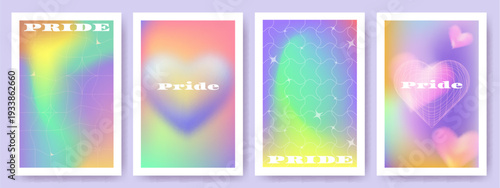 Pride rainbow colors posters, vector illustrations. Card with iridescent gradient background, abstract wireframe pattern and blured heart shapes. LGBTQ month templates for happy inclusive design