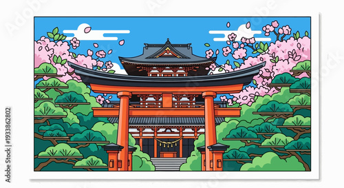 Pixel Art Japanese Torii Gate and Cherry Blossoms
