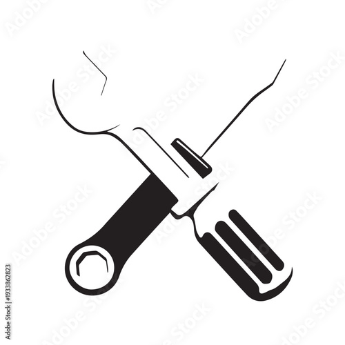 Crossed screwdriver and box cutter illustration on a white background, minimal lineart style.
