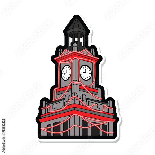 A detailed illustration of a clock tower with vibrant red accents and grey stone walls, viewed from the front, showcasing its architectural beauty and intricate design elements
