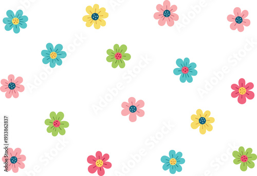 Colorful flowers arranged in a random pattern on a clean background viewed from directly above
