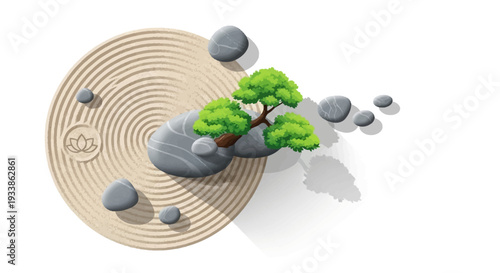 Zen Garden Bonsai Tree Rocks Sand Raked Circles Lotus Symbol
