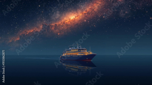 Vector illustration of a majestic cruise ship gliding silently across calm, dark waters under a starlit night sky