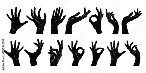 Collection of black silhouette hands showing various gestures and poses
