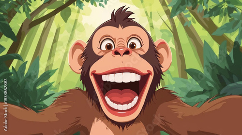 Vector illustration of a monkey taking a selfie in forest, mischievous energy of the moment as if the monkey just discovered the camera