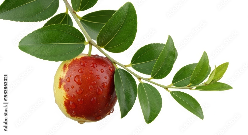 Obraz premium Fresh apple hanging from a branch with green leaves in natural light setting