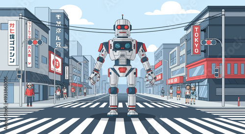 Giant Robot in Tokyo Street, Pixel Art Style