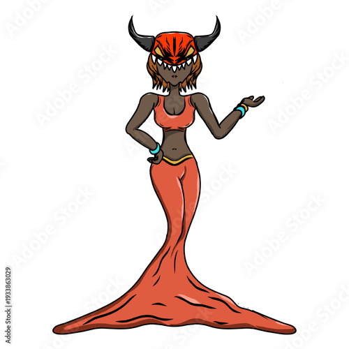 This illustration features a striking female character with a fusion of mystical and demonic elements. She wears a vibrant orange crop top and a long, flowing skirt that pools at her feet.