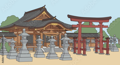 Japanese Shrine Torii Gate and Stone Lanterns