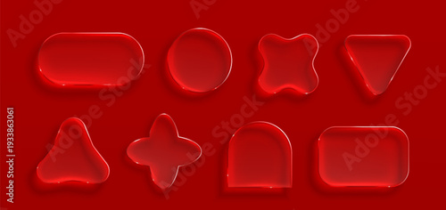 Transparent glass frames with glossy morphism effect, vector set isolated on red background. 3D ui elements with realistic texture, rounded corners, crystal clear borders for modern digital interface