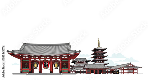 Japanese Temple Architecture: Pagoda, Gate, and Buildings