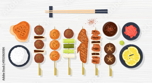 Japanese Yakitori Skewers and Side Dishes Flat Lay