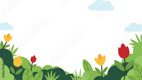 whimsical nature border featuring red and yellow tulips under a bright sunny sky