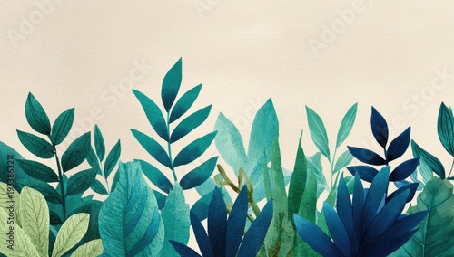 Watercolor depiction of various green leaves and foliage set against a beige backdrop