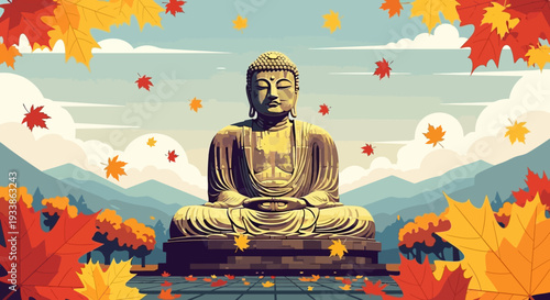 Zen Buddha Statue Autumn Leaves Serene Meditation