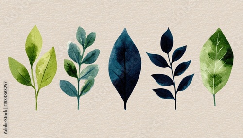Watercolor illustrations of various green and blue leaves on a light beige textured background