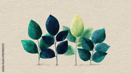 Watercolor illustration of stylized leaves in varying shades of green and blue on beige textured paper