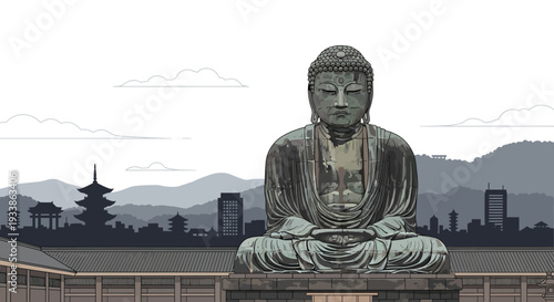 Great Buddha Statue, Pagoda, and Cityscape in Japan