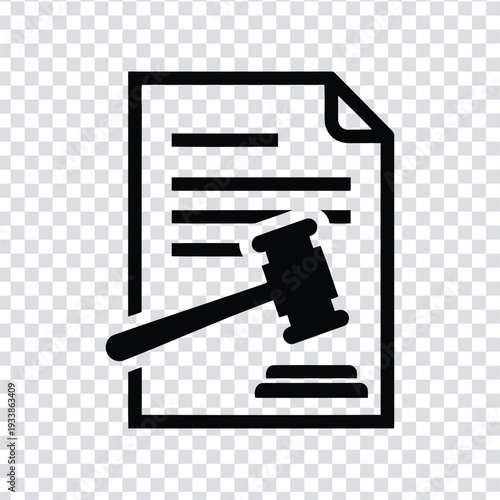 Black icon of a gavel on a document with lines on a transparent background