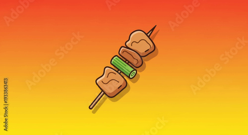 Grilled Meat Skewer with Vegetables on Orange Background