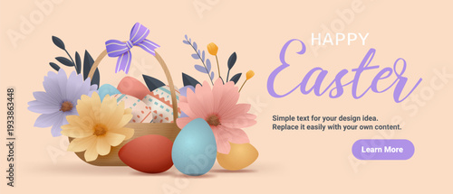 Easter basket eggs flowers pastel colors decorative composition with ribbon and foliage on soft background web banner