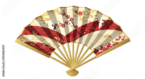 Japanese Folding Fan with Cherry Blossoms and Traditional Patterns
