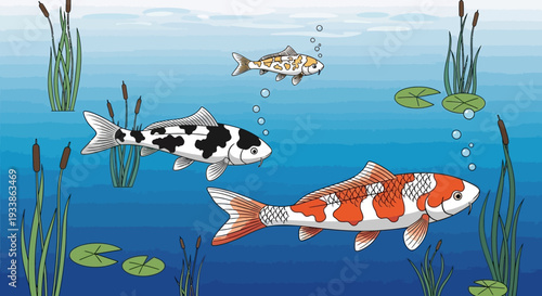 Koi Fish Swimming in Pond with Water Plants