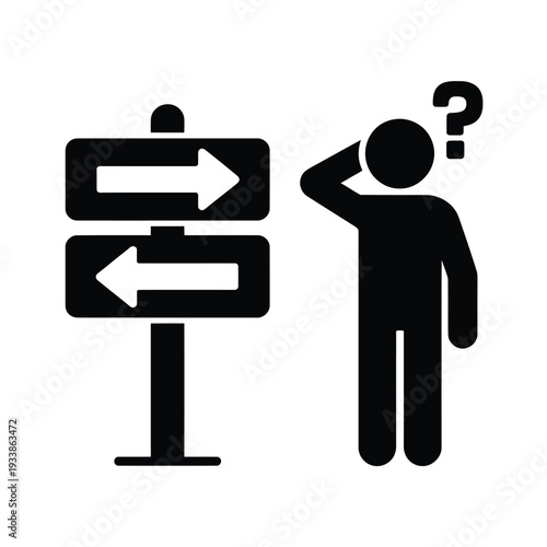 A stick figure contemplates direction with a signpost and questioning mark