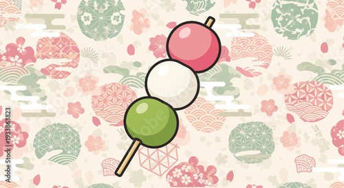 Hanami Dango Skewer with Cherry Blossom Background