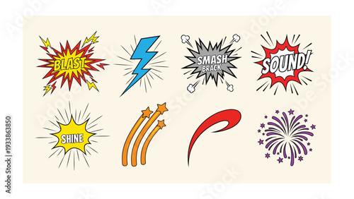 Comic Book Sound Effects: A collection of vibrant comic book sound effects burst forth, echoing the excitement and dynamism of storytelling