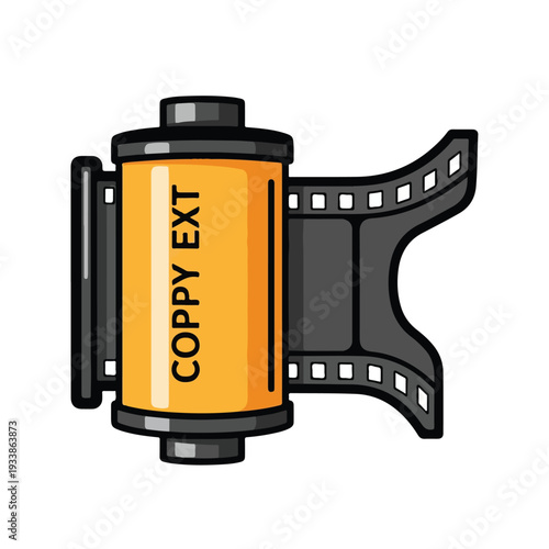Vintage film reel with COPPY EXT label on orange spool illustration from a front viewpoint showcasing cinematic content in a nostalgic environment