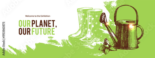 Vintage sketch gardening background. Eco poster with watering can and rubber boots. Hand drawn vector illustration. Poster design