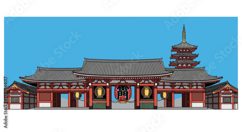 Traditional Japanese Temple Gate and Pagoda