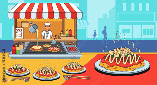 Street food stall serving okonomiyaki, delicious japanese cuisine
