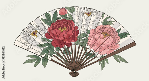 Vintage Japanese Fan with Peony Flowers