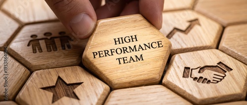 Wallpaper Mural high performance team, business success, teamwork, leadership, collaboration, strategy, corporate growth concept featuring a hand placing a wooden hexagon in a business puzzle. Torontodigital.ca