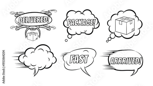 Speedy Delivery: A dynamic illustration showcases the rapid delivery, featuring a drone and thought bubbles. Conveying speed, efficiency, and the convenience of modern package handling.