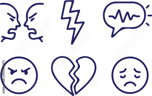 hand drawn broken emotion tension bule line icon set vector illustration art 