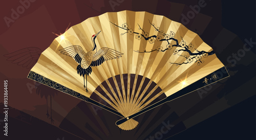 Golden Crane Cherry Blossom Fan