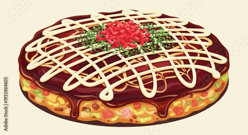 Okonomiyaki Japanese Savory Pancake with Mayonnaise Drizzle