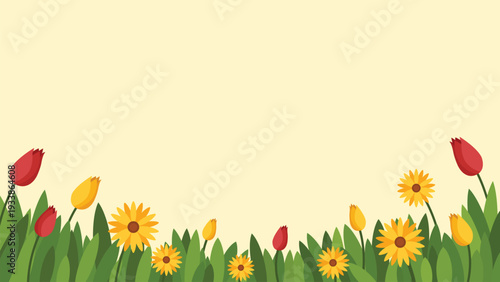 beautiful flower garden border with colorful tulips and daisies