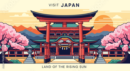 Pixel Art Japan Torii Gate Cherry Blossoms Sunrise