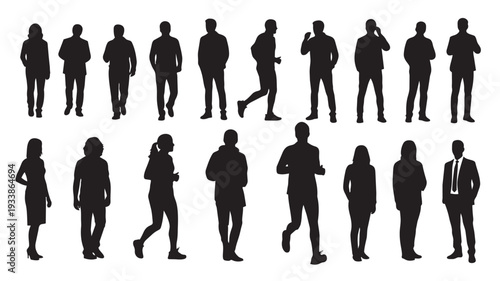 Silhouettes of diverse people in various poses in black on white background for graphic design