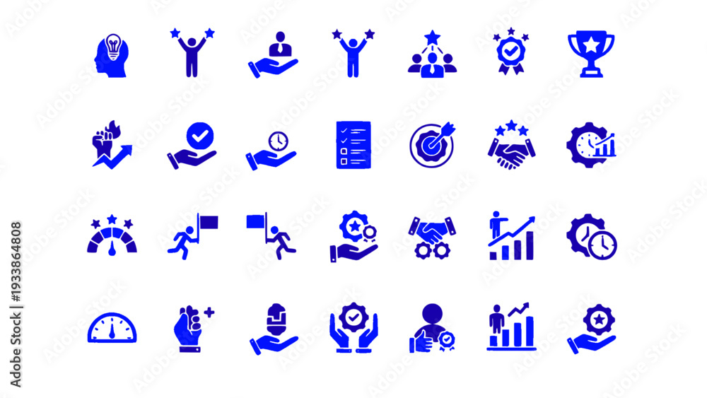 Fototapeta premium Blue business growth icons featuring charts, targets, progress, speedometer, and performance indicators.