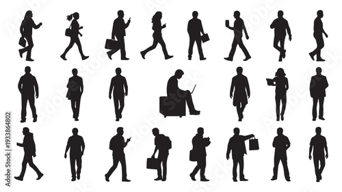 Business people silhouettes in various poses and actions in black on white background for graphic design