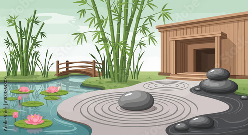 Zen Garden with Pond, Bamboo, and Wooden Structure