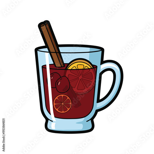 A warm mug of mulled wine with cinnamon stick and fruit slices in a light blue ceramic mug