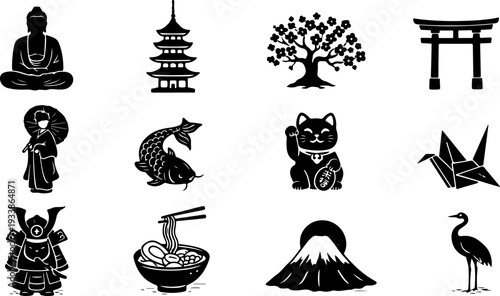 Collection of Japanese Cultural Icons and Symbols in Silhouette