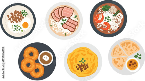 Asian breakfast meal variety featuring rice porridge with egg and roasted pork noodles plus savory omelet and flatbread