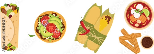 Delicious mexican food assortment with burrito tamales pozole churros and tostada served on transparent background vector illustration